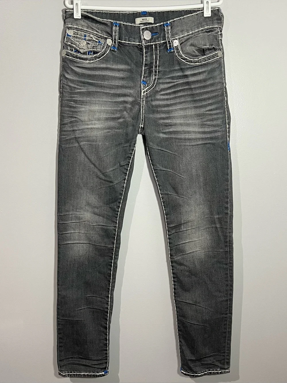 True Religion Rocco Relaxed Skinny Gray White Blue Jeans Mens Size 30
